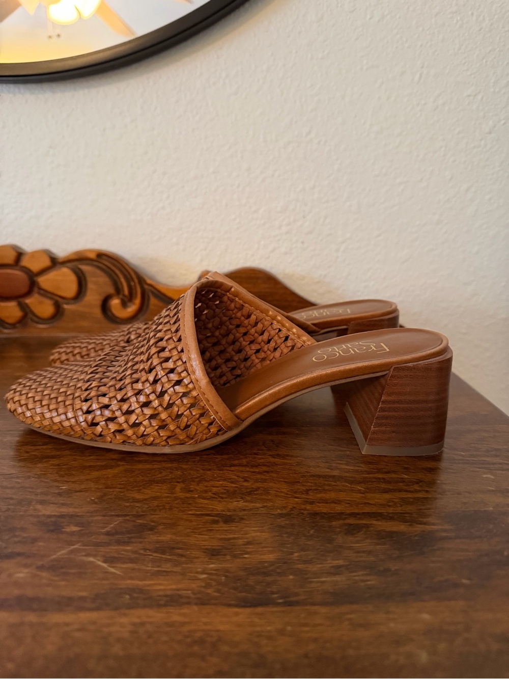 Franco Sarto Woven Leather Mules in Cognac Brown - Picture 5 of 10